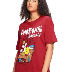 bewakoof women's 100% cotton graphic print oversized fit round neck t shirt